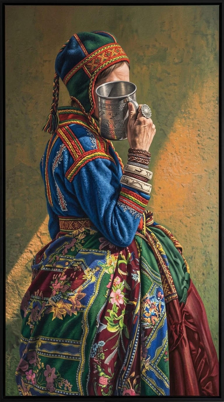 Painting of a woman in traditional Sámi dress drinking from a silver cup