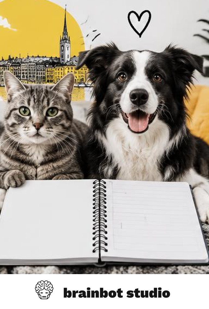 Dog and cat beside a pet routine notebook